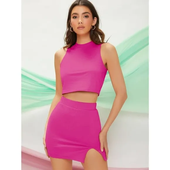 2 piece set: Crop top Tank &amp; Split Hem mini Skirt black
